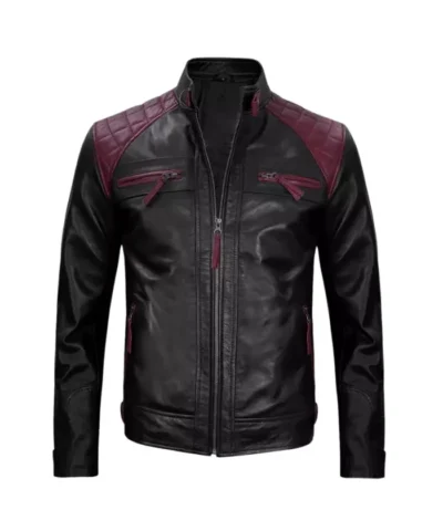 Black and Maroon Cafe Racer Leather Jacket For Mens