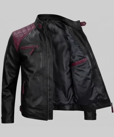 Men Black and Maroon Cafe Racer Leather Jacket Front 3/4 Angle View
