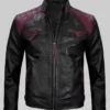 Men Black and Maroon Cafe Racer Leather Jacket Front View