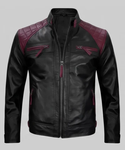 Men Black and Maroon Cafe Racer Leather Jacket Front View