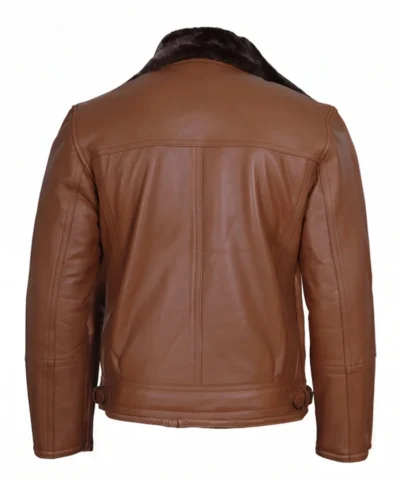 Men Leather Shearling Brown Moto Jacket Back View