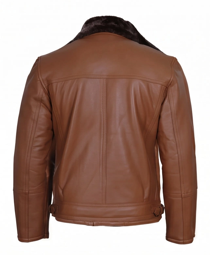Men Leather Shearling Brown Moto Jacket Back View