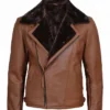 Men Leather Shearling Brown Moto Jacket Front View
