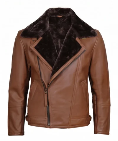 Men Leather Shearling Brown Moto Jacket Front View