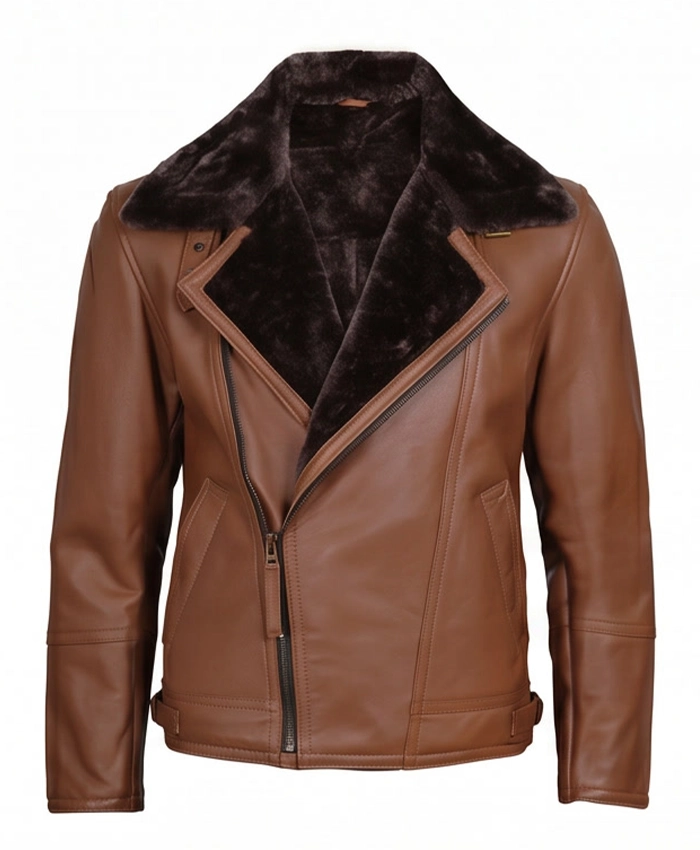 Men Leather Shearling Brown Moto Jacket Front View