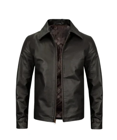 Slim Fit Turn Down Black Leather Jacket For Men's