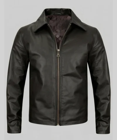 Men Slim Fit Turn Down Black Jacket Front View