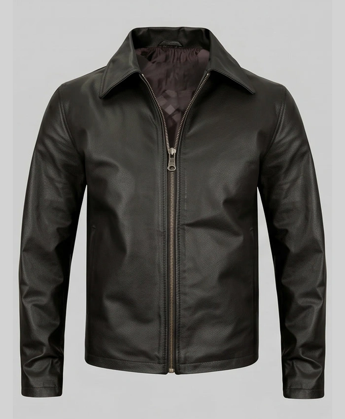 Men Slim Fit Turn Down Black Jacket Front View