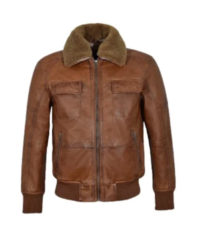Men’s Fur Collar Brown Bomber Leather Jacket