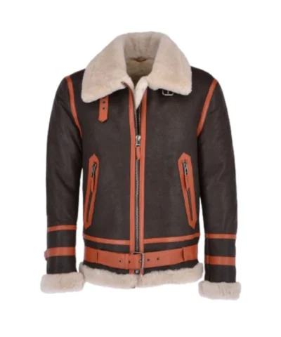 Men’s Brown and Orange Aviator Shearling Bomber Leather Jacket
