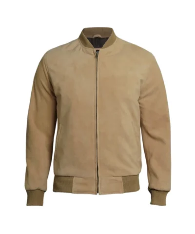 Suede Camel Brown Bomber Zip-Up Jacket