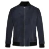Men’s Dark Blue Zip-Up Suede Bomber Jacket