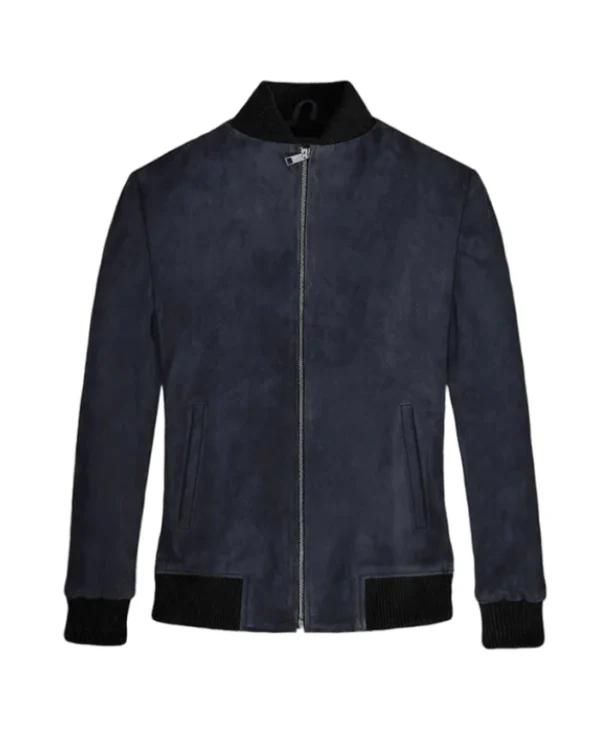 Men’s Dark Blue Zip-Up Suede Bomber Jacket