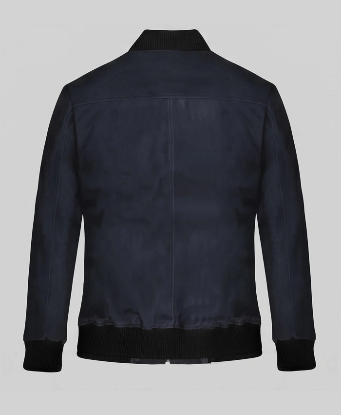 Mens Dark Blue Bomber Suede Jacket Back View