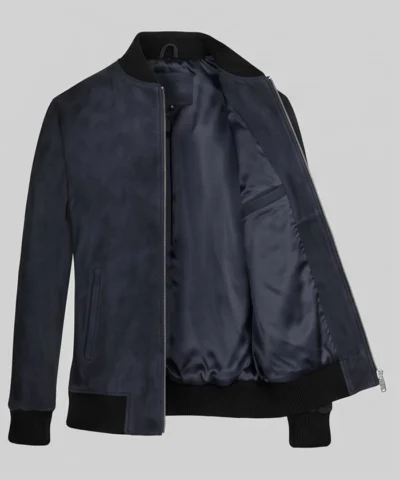 Mens Dark Blue Bomber Suede Jacket Front 3/4 Angle View