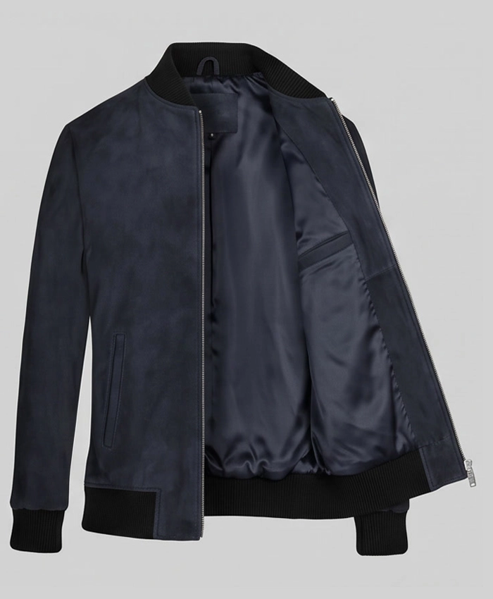Mens Dark Blue Bomber Suede Jacket Front 3/4 Angle View