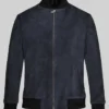 Mens Dark Blue Bomber Suede Jacket Front View