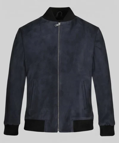 Mens Dark Blue Bomber Suede Jacket Front View