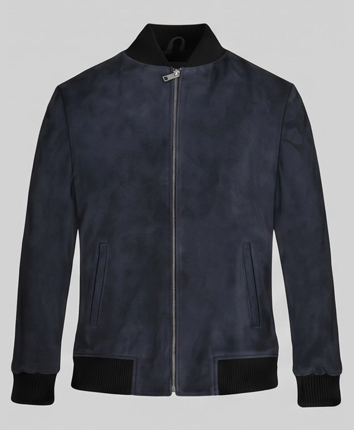 Mens Dark Blue Bomber Suede Jacket Front View