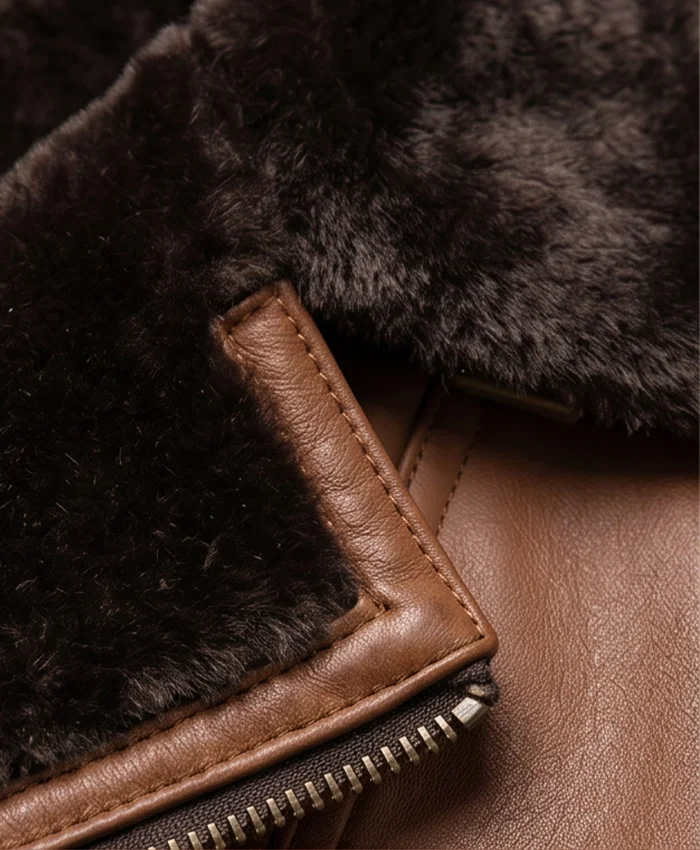 Mens Lambskin Leather Shearling Brown Moto Jacket Close Up Collar