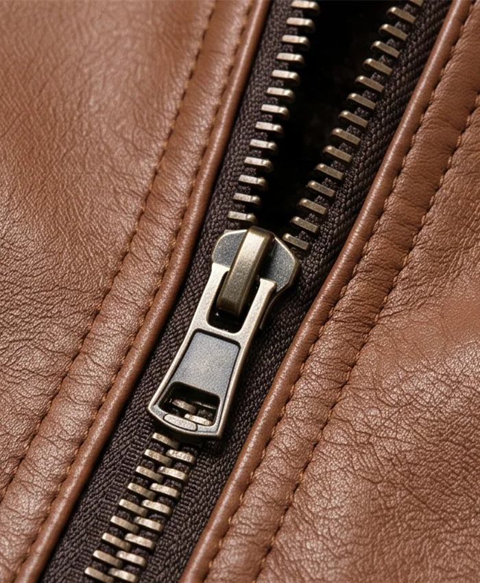 Mens Lambskin Leather Shearling Brown Moto Jacket Close Up Front Zip