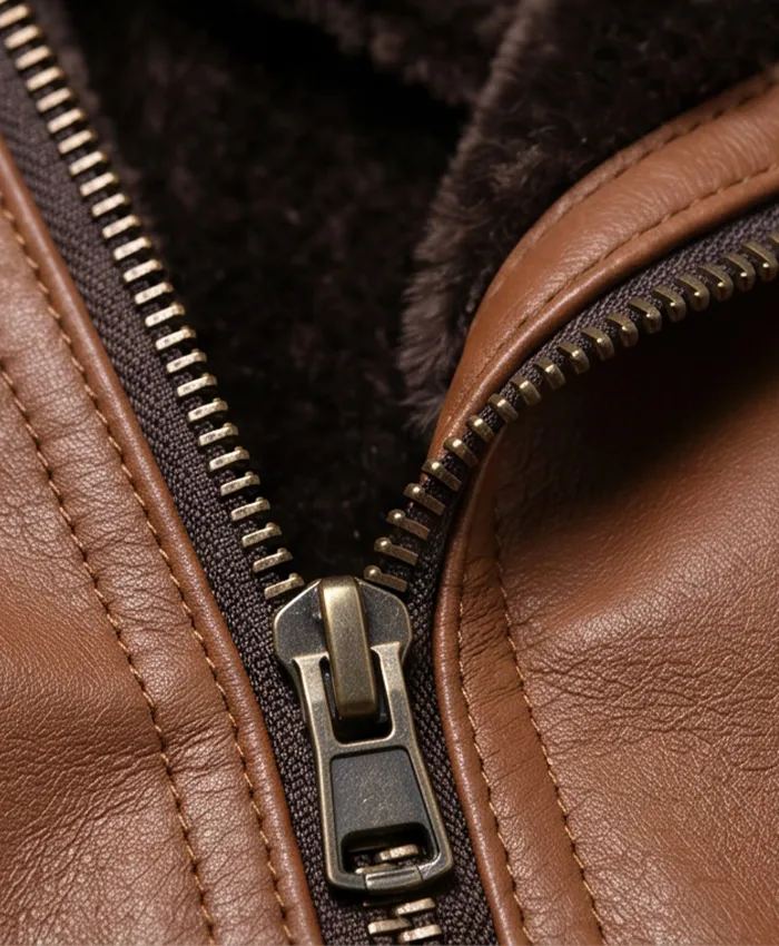 Mens Lambskin Leather Shearling Brown Moto Jacket Close Up Front Zipper