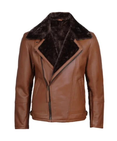 Brown Leather Shearling Moto Jacket For Men's