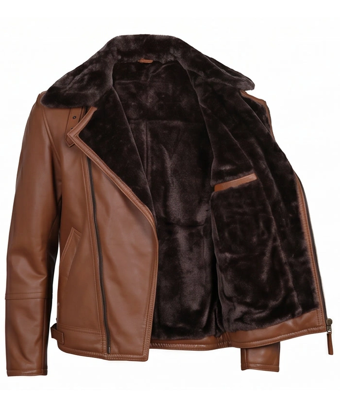 Mens Leather Shearling Brown Moto Jacket Back View