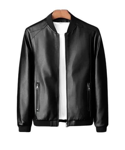 Slim Fit Black Bomber Leather Jacket For Mens