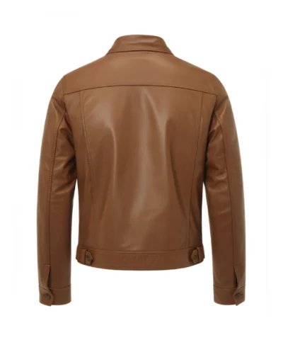 Slim Fit Shirt Collar Brown Zip-Up Leather Jacket For Men's
