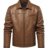 Mens Slim Fit Shirt Collar Brown Leather Jacket Front View