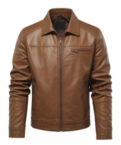 Mens Slim Fit Shirt Collar Brown Leather Jacket Front View