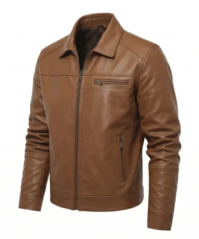 Alternative view of Mens Slim Fit Shirt Collar Brown Leather Jacket