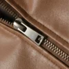 Slim Fit Shirt Collar Brown Leather Jacket For Mens Front Zip Close Up