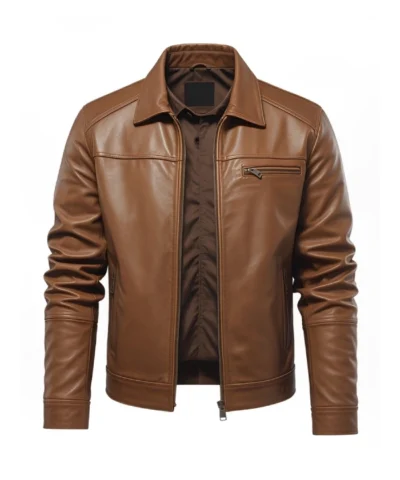 Mens Slim Fit Shirt Collar Brown Leather Jacket