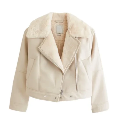 Women’s White Faux Shearling Crop Leather Jacket