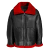 Aviator Black Leather Jacket with Red Shearling For Women’s