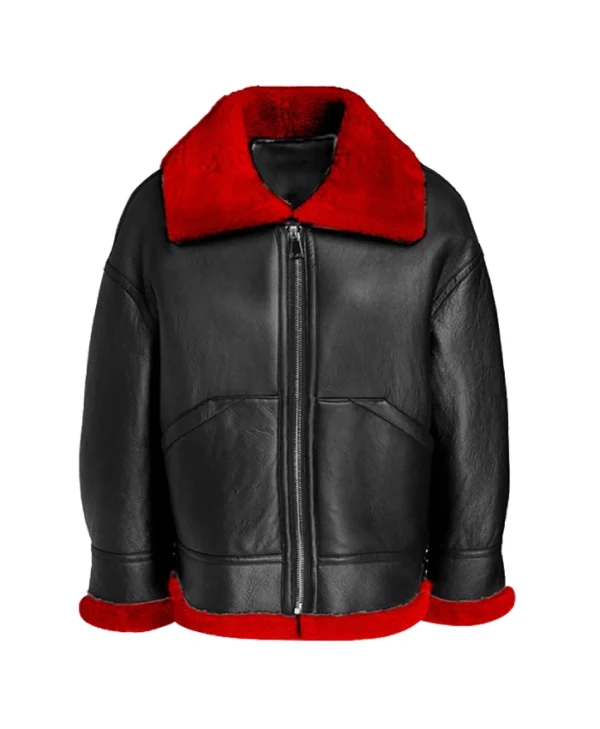 Aviator Black Leather Jacket with Red Shearling For Women’s