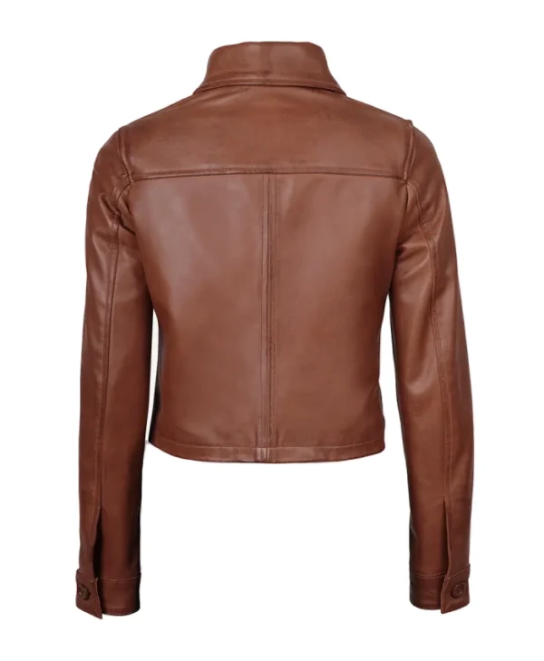 Women’s Brown Cropped Button-Up Leather Jacket