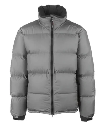 Grey Zipper Puffer Hooded Jacket For Mens
