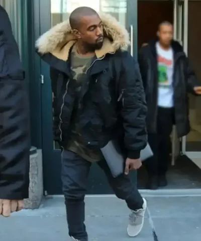 American Rapper Kanye West Fur Hooded Bomber Jacket For Sale