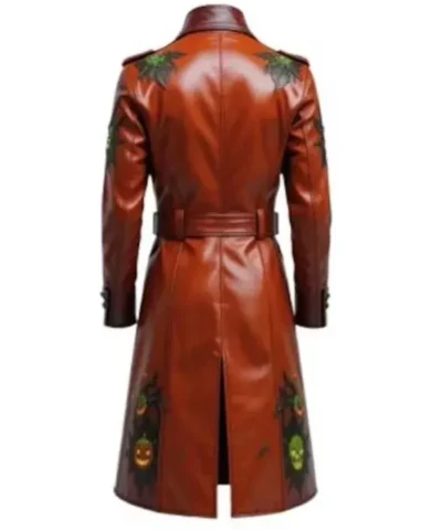 Halloween Gothic Pumpkin Brown Leather Trench Coat for Men and Women