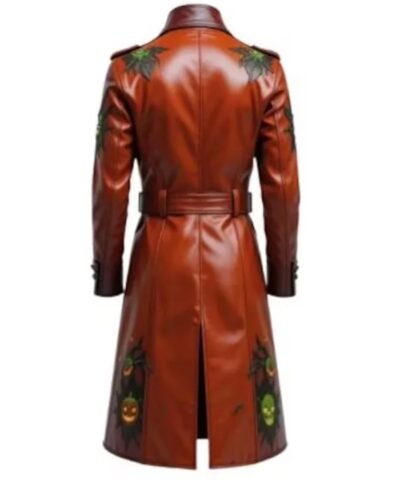 Halloween Gothic Pumpkin Brown Leather Trench Coat for Men and Women