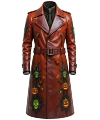 Gothic Halloween Pumpkin Brown Leather Coat