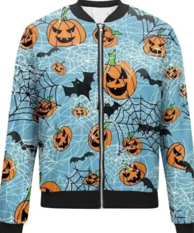 Halloween Printed Blue Bomber Jacket