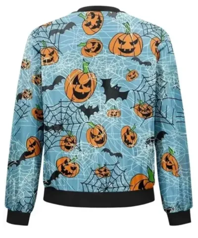 Halloween Pumpkins Bats and Web Printed Blue Bomber Jacket