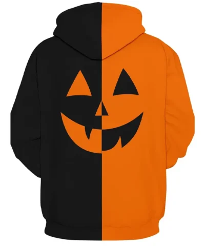 Halloween Pumpkin Head Black and Orange Pullover Hoodie for Men and Women