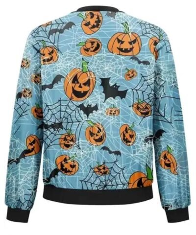 Halloween Pumpkins Bats and Web Printed Blue Bomber Jacket