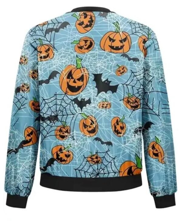 Halloween Pumpkins Bats and Web Printed Blue Bomber Jacket