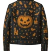 Haunted Halloween Black Leather Biker Jacket with Printed Pumpkin Ghost and Stars